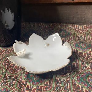 . Vintage White Porcelain Trinket Dish - Gold Butterfly Lady Bug On Flower Leaf